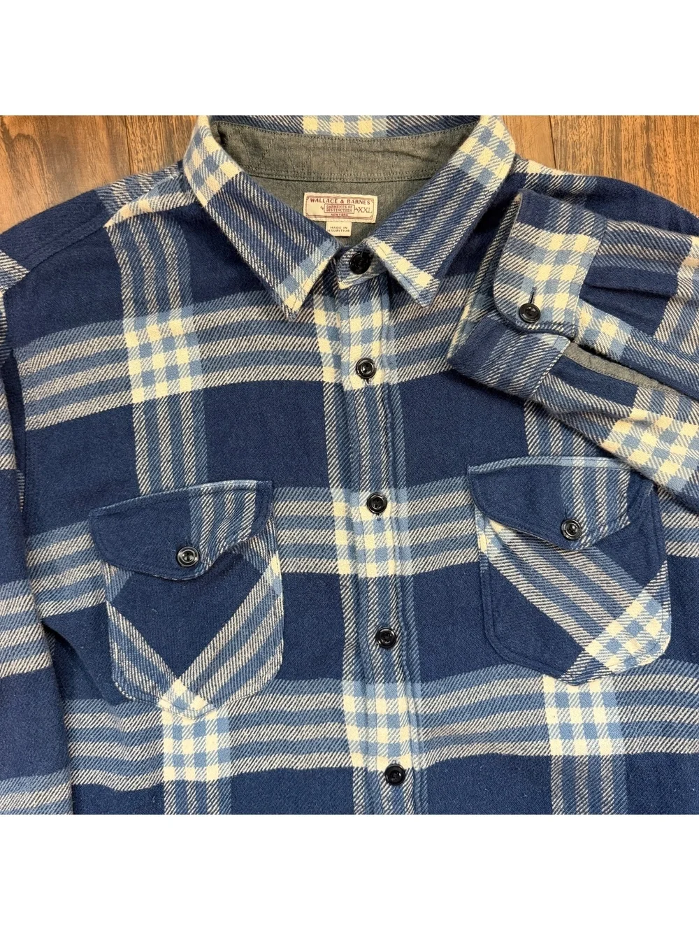 Wallace & Barnes Heavyweight Plaid Flannel Shirt Mens XXL Blue Button Up Work